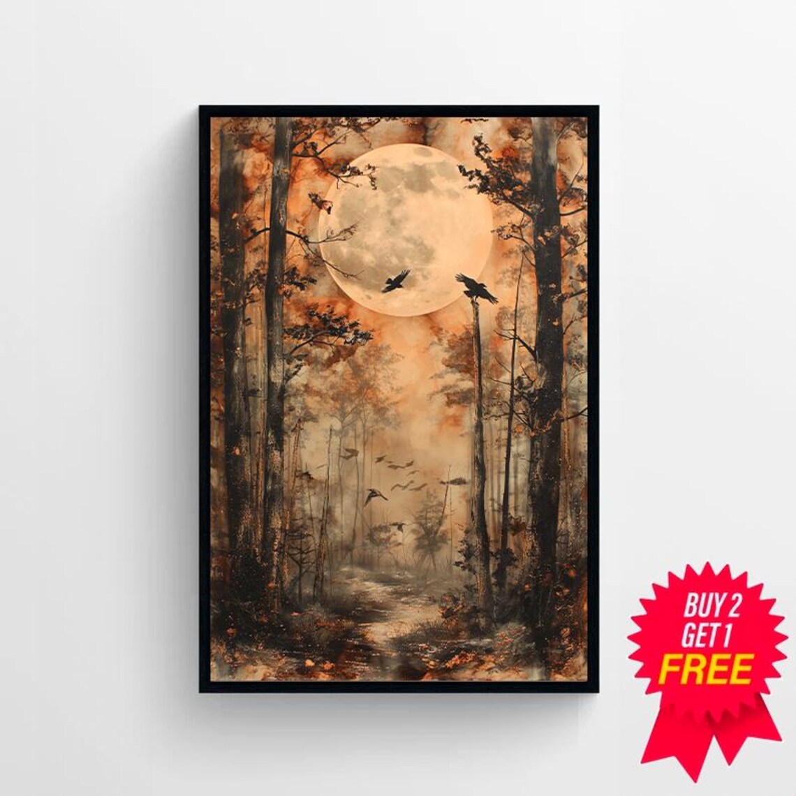 Full Moon Rising Over a Haunted Forest with Crows in Orange Mist Poster - Image 4