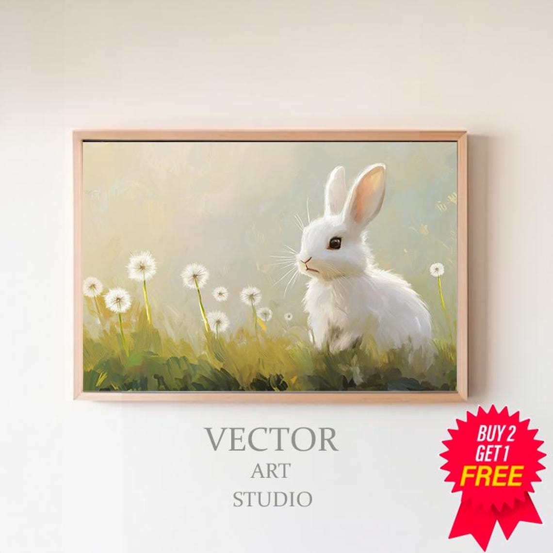 Cute White Bunny Rabbit Sitting Among Dandelions Spring Easter Poster