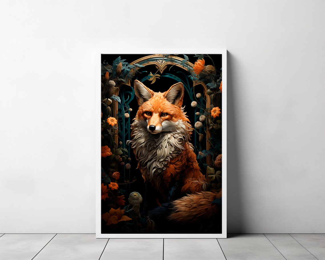 Fox Portrait in Arched Floral Frame Dark Botanical Wildlife Art Poster - Image 3