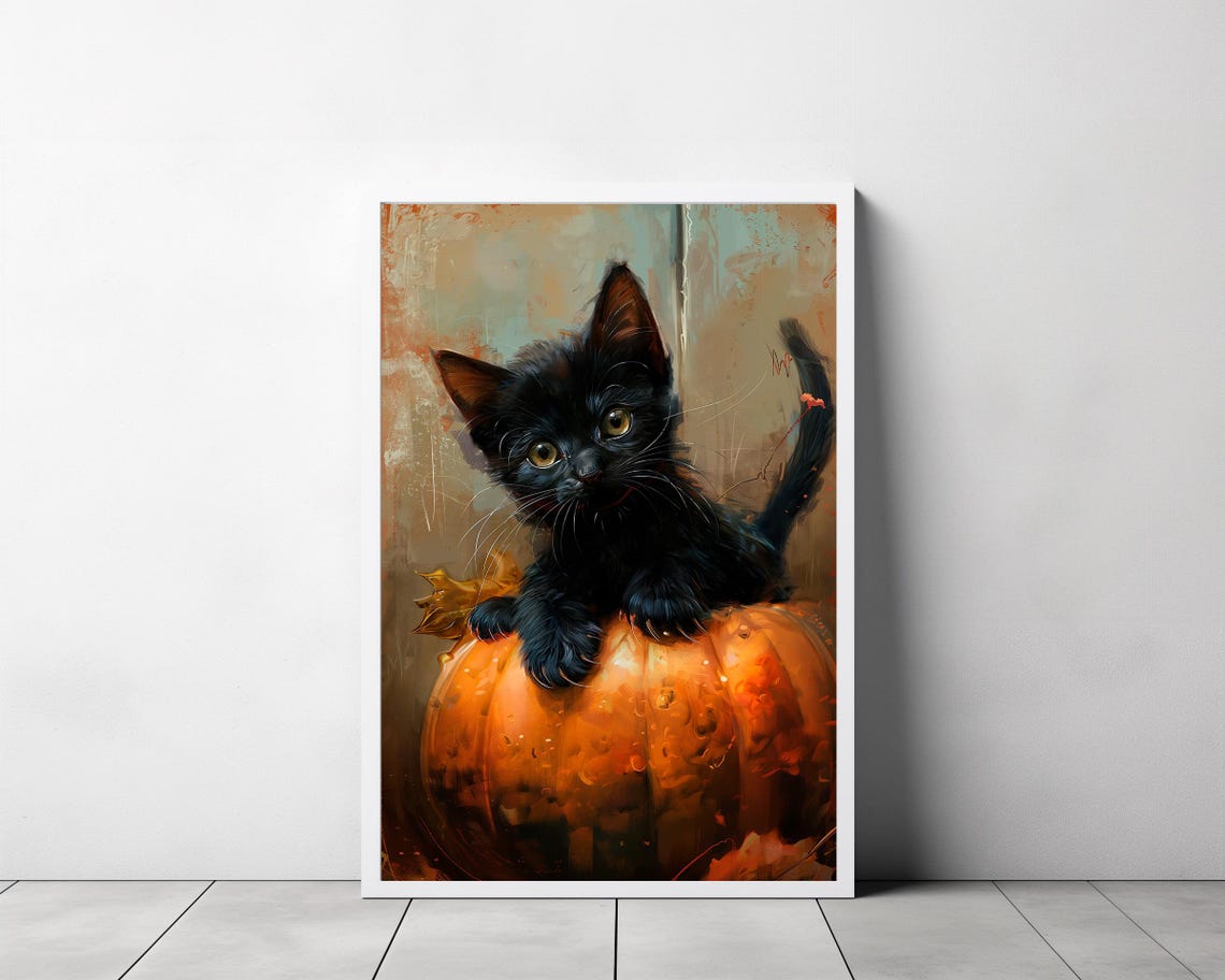 Curious Black Kitten on Pumpkin with Tail Up Fall Halloween Poster - Image 3