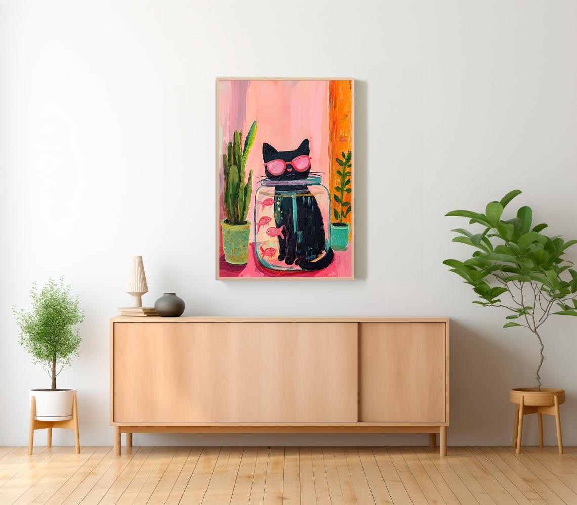 Playful Black Cat Wearing Pink Sunglasses Inside a Fish Bowl Poster - Image 2