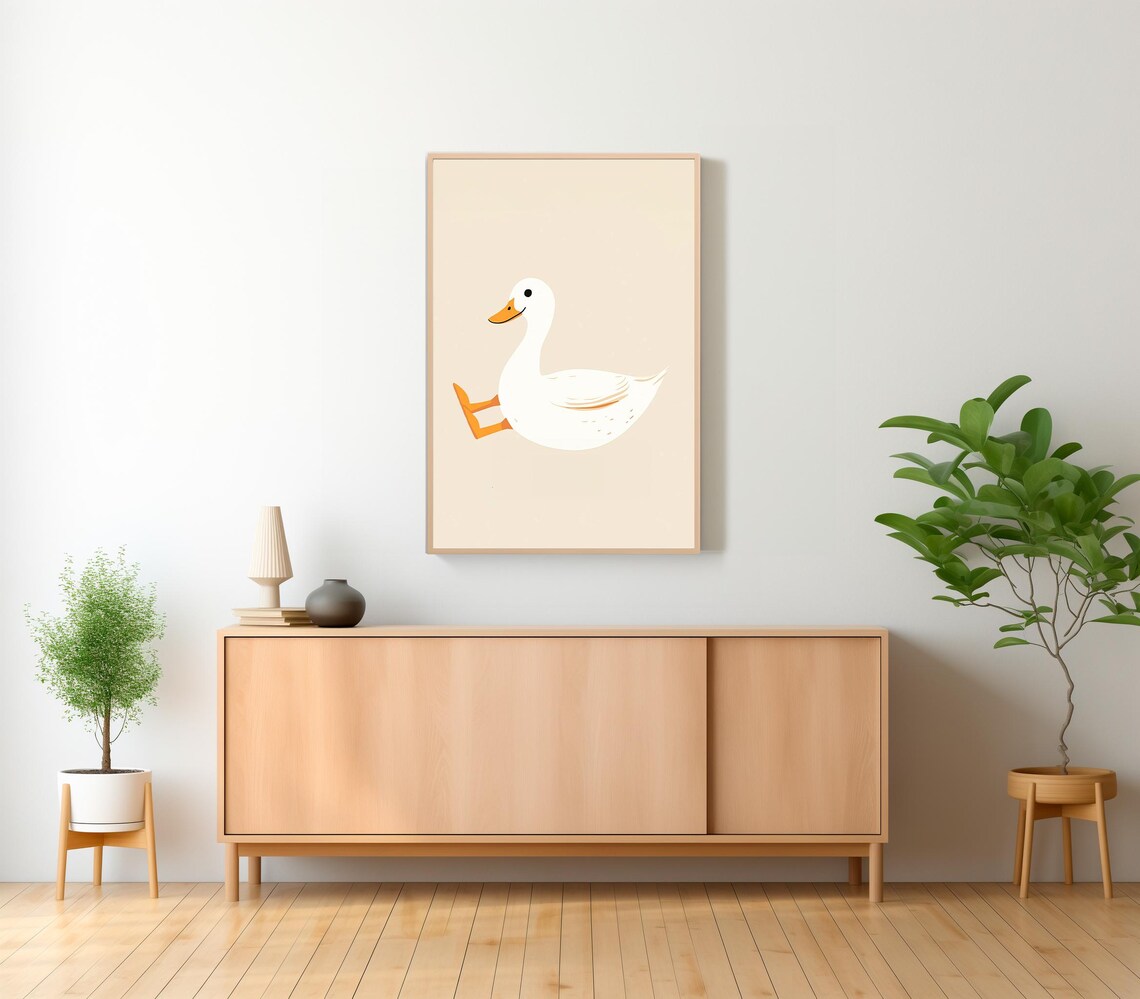 Cheerful White Duck Running on Warm Beige Background Nursery Poster - Image 2