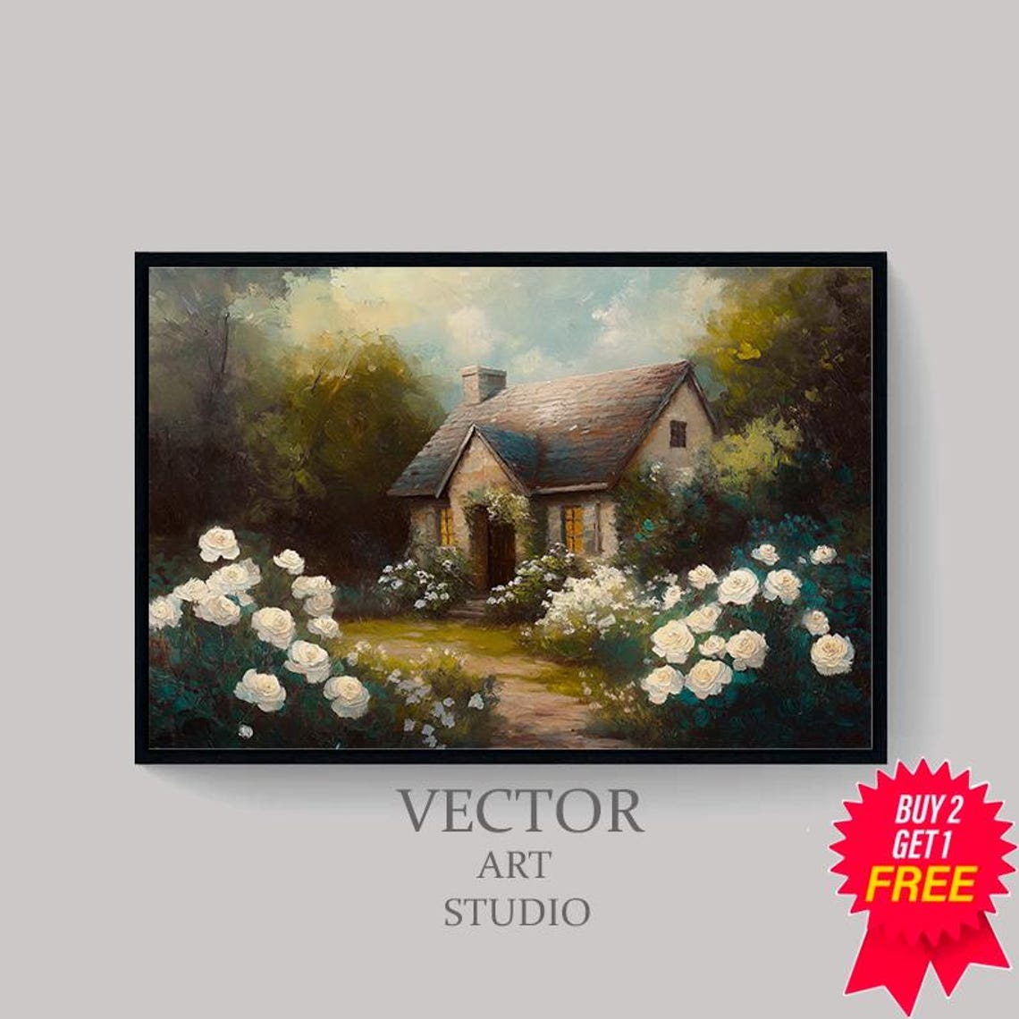 Stone Cottage White Roses Evening Glow Vintage Painting Poster - Image 4
