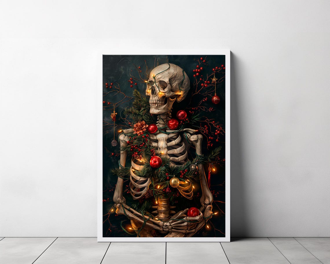 Festive Skeleton With Red Berries Ornaments Dark Christmas Art Poster - Image 3
