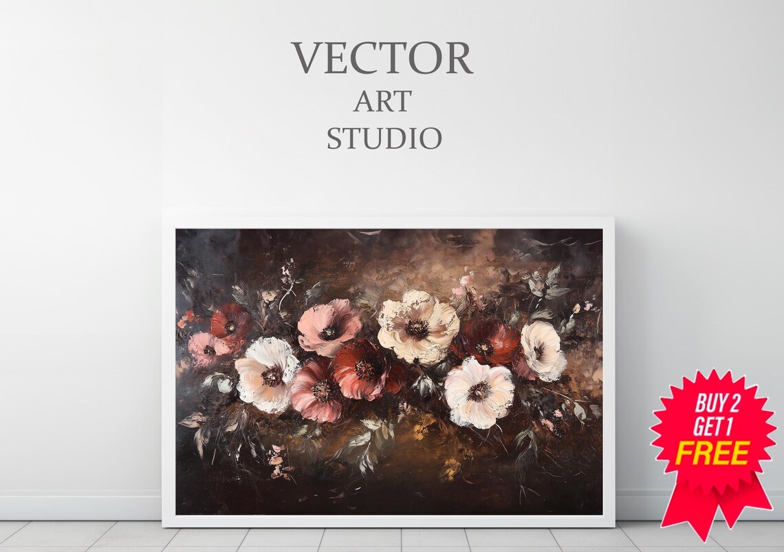 Moody Red And White Poppies Dark Floral Vintage Painting Poster - Image 3