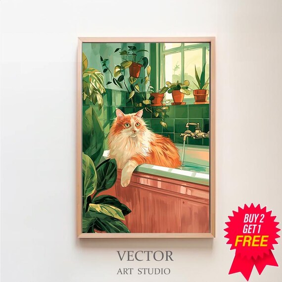 Fluffy Orange Cat Relaxing in a Bathtub Botanical Bathroom Poster