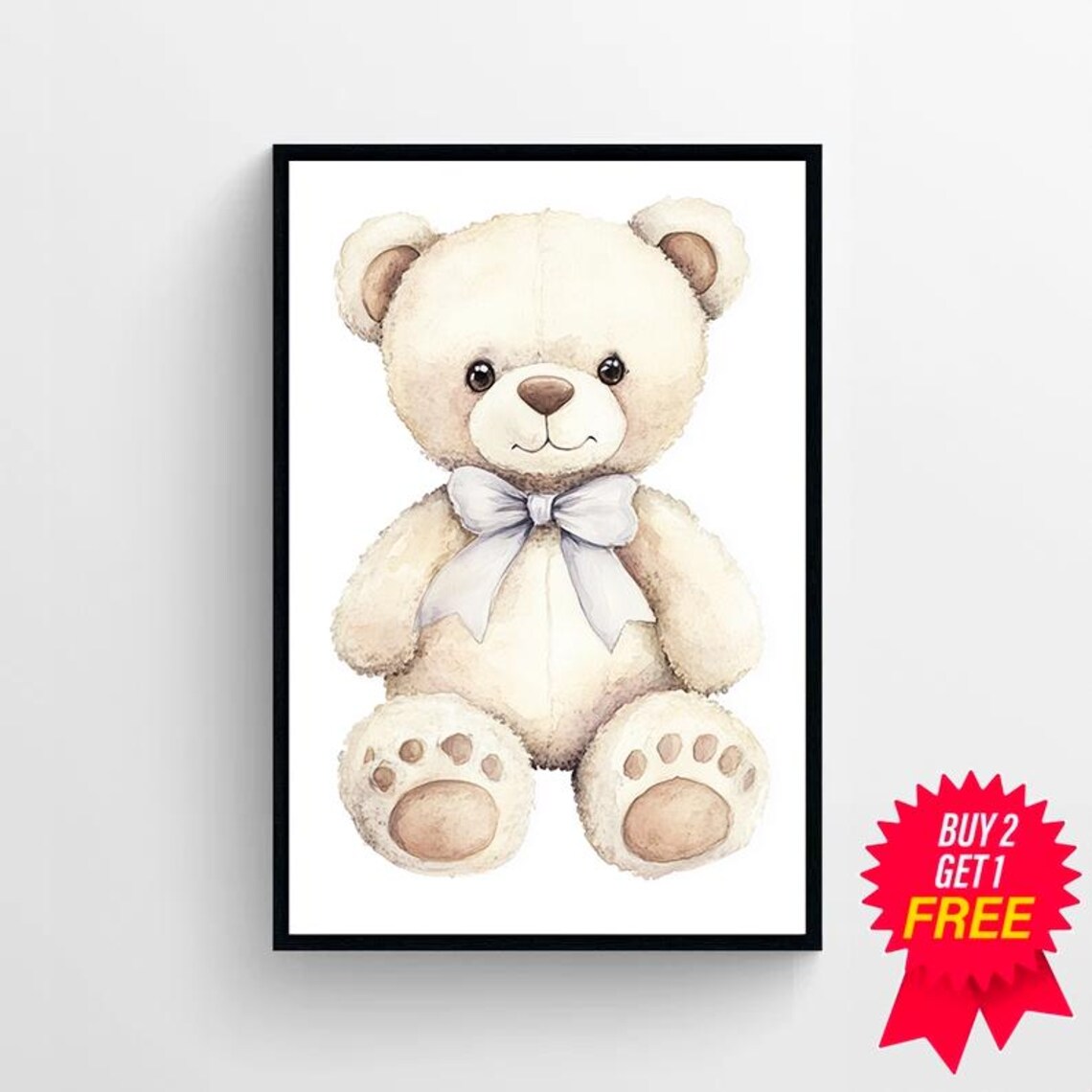 Cream Teddy Bear with Gray Ribbon Bow Watercolor Nursery Poster - Image 4