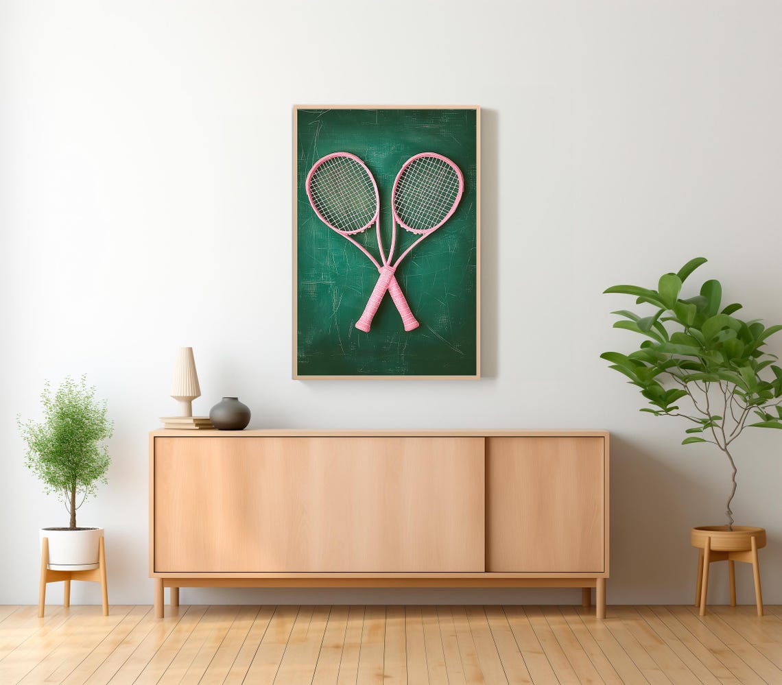 Crossed Pink Tennis Rackets on Moody Green Chalkboard Style Poster - Image 2