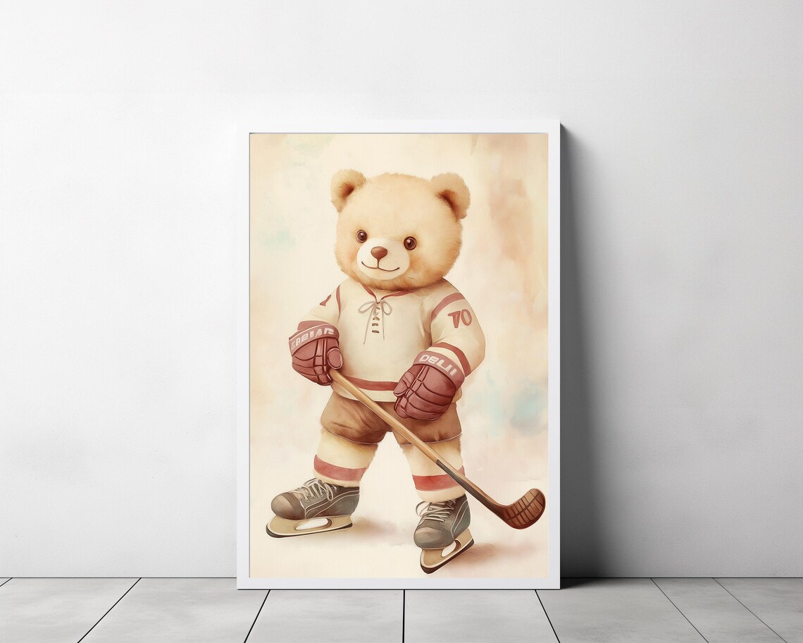 Adorable Vintage Teddy Bear Playing Ice Hockey Nursery Poster - Image 3