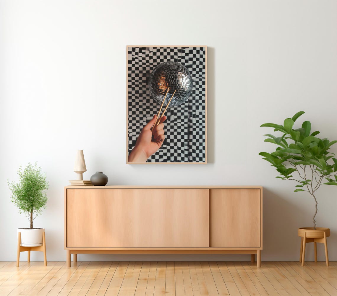 Hand Holding a Silver Disco Ball with Chopsticks Retro Pop Art Poster - Image 2