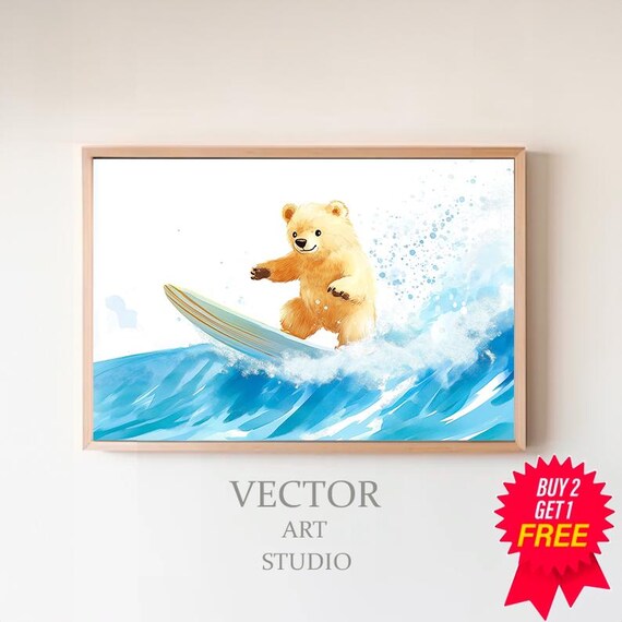 Happy Teddy Bear Surfing A Bright Blue Wave On His Surfboard Nursery Print