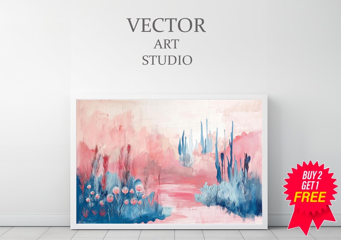 Pink and Blue Misty Abstract Landscape Modern Brushstroke Poster - Image 3