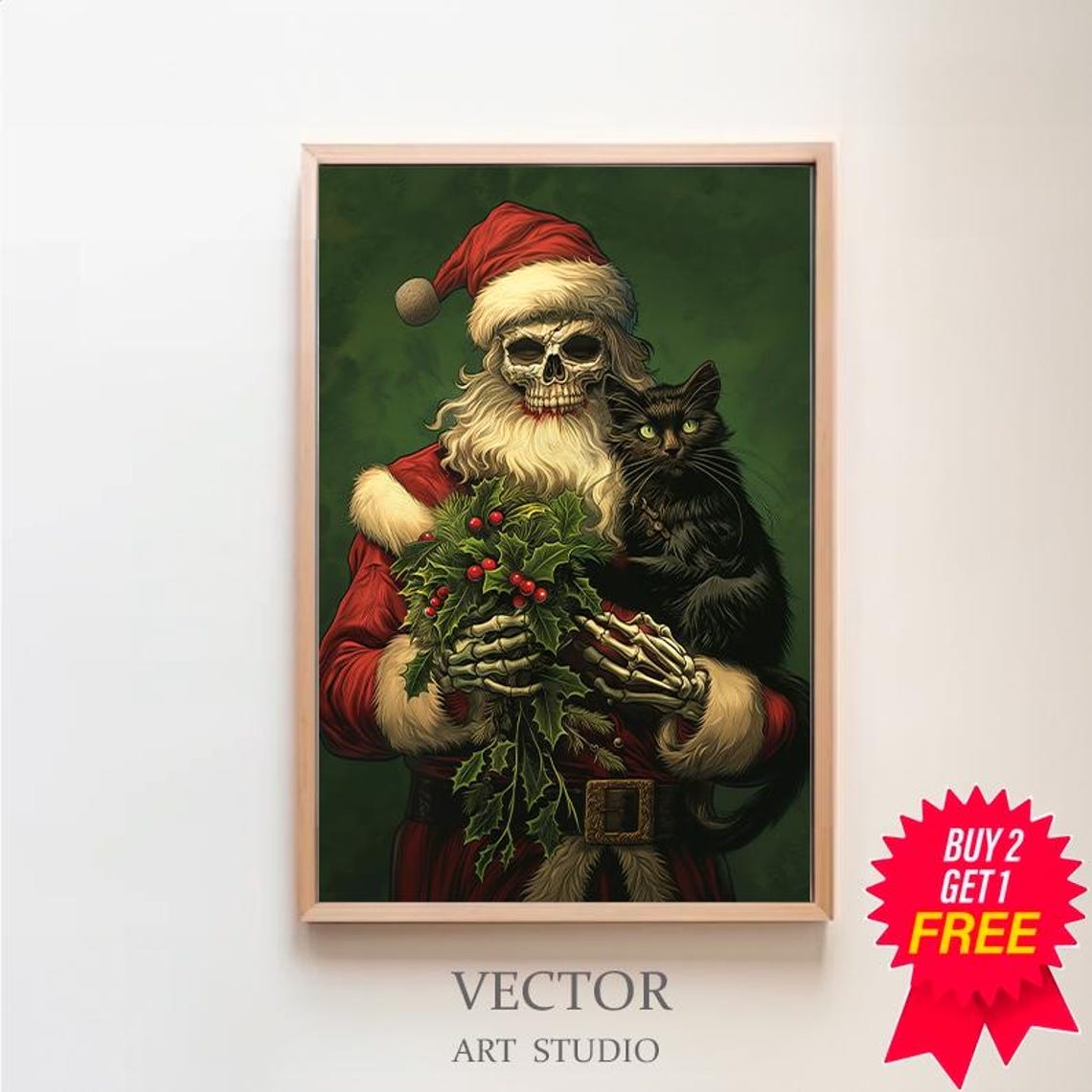 Illustrated Skeleton Santa Holding Holly Wreath And Black Cat Poster