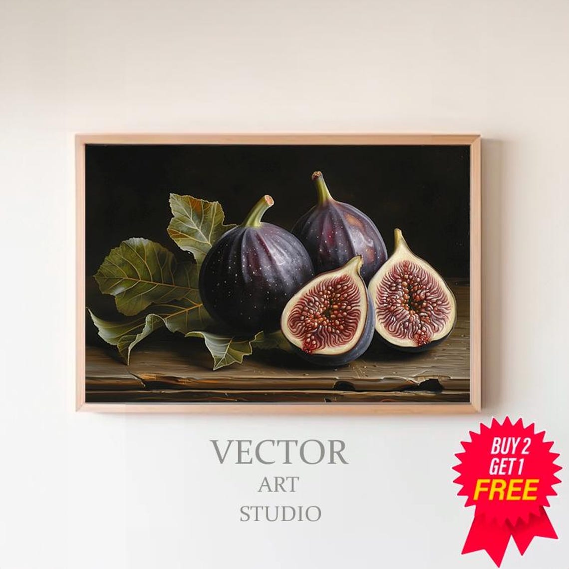 Moody Fig Still Life Dark Ripe Figs and Leaves Vintage Fruit Poster
