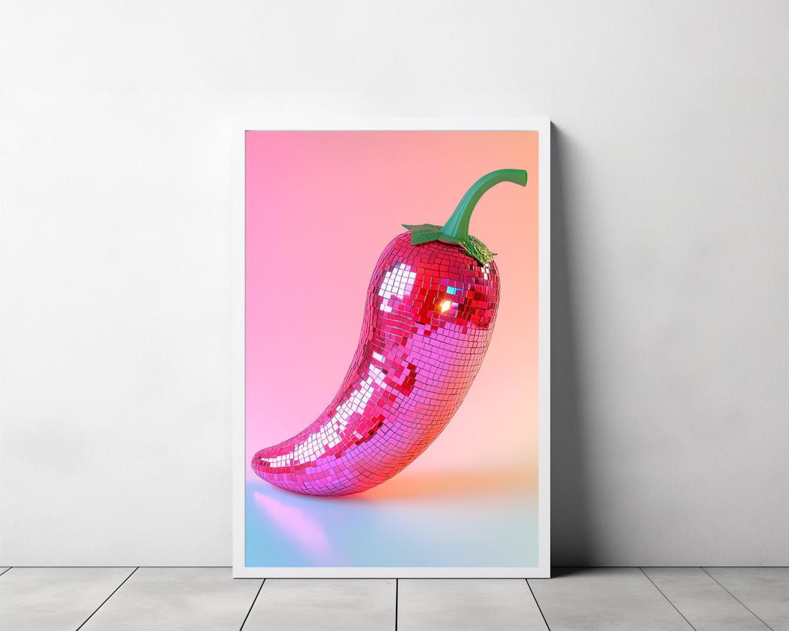 Red Chili Pepper Disco Ball Pink Kitchen Dopamine Art Poster - Image 3