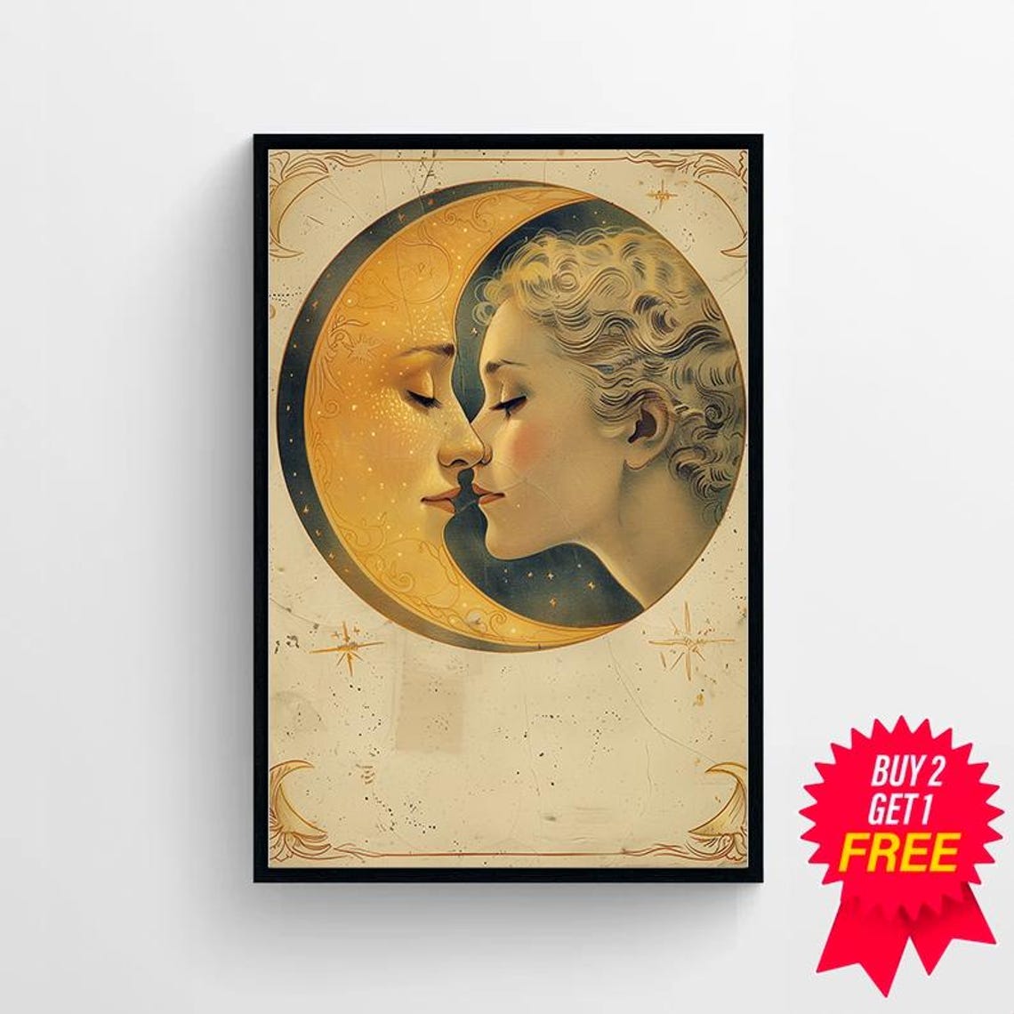 Woman Kissing The Moon Vintage Moon Art Vintage Moon Poster Celestial Art Dear Old Dixie Moon Moon Witch Art - Image 4