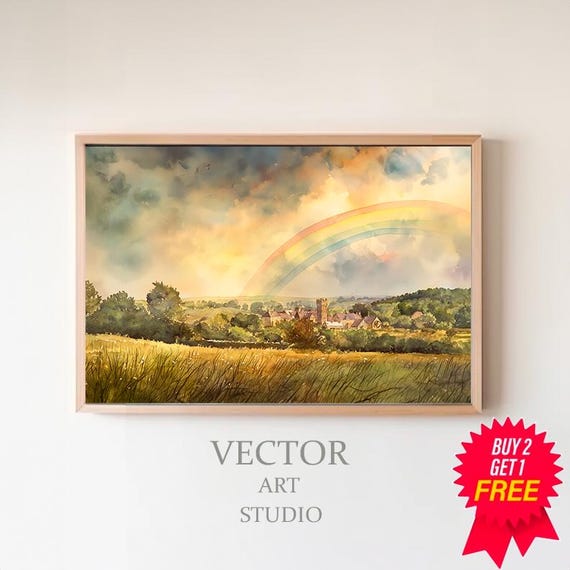Frame Tv Art Rainbow In Vintage Landscape Rainbow In Green Countryside Watercolor Painting Frame Tv Art St Patricks Day Tv Art
