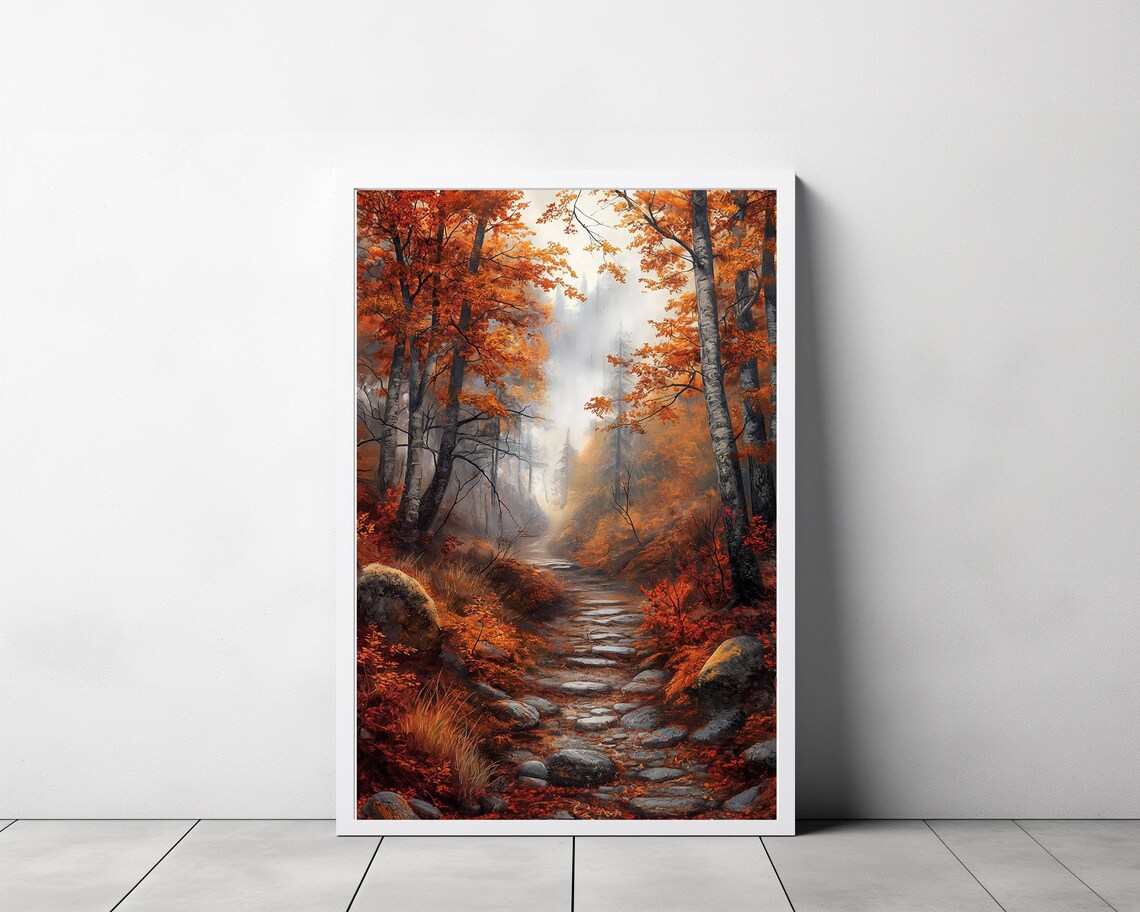 Moody Misty Autumn Forest Trail with Orange Birch Trees Poster - Image 3