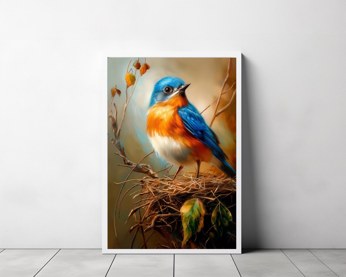 Eastern Bluebird Perched in Nest Among Autumn Leaves Bird Art Poster - Image 3