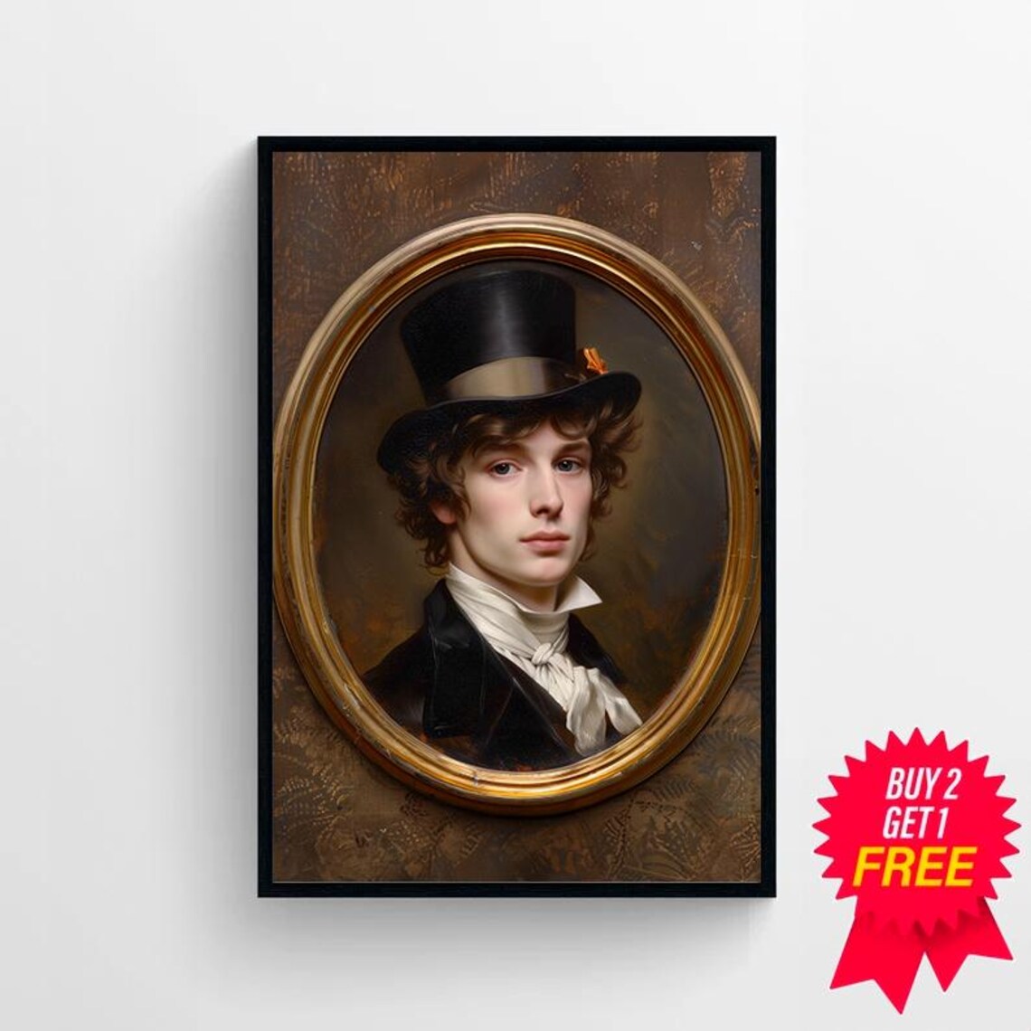 Vintage Oval Portrait of a Gentleman in a Top Hat Oil Painting Poster - Image 4