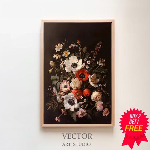 Dark Cottagecore Wall Art Moody Vintage Floral Print Living Room Housewarming Gift Dark Academia Decor