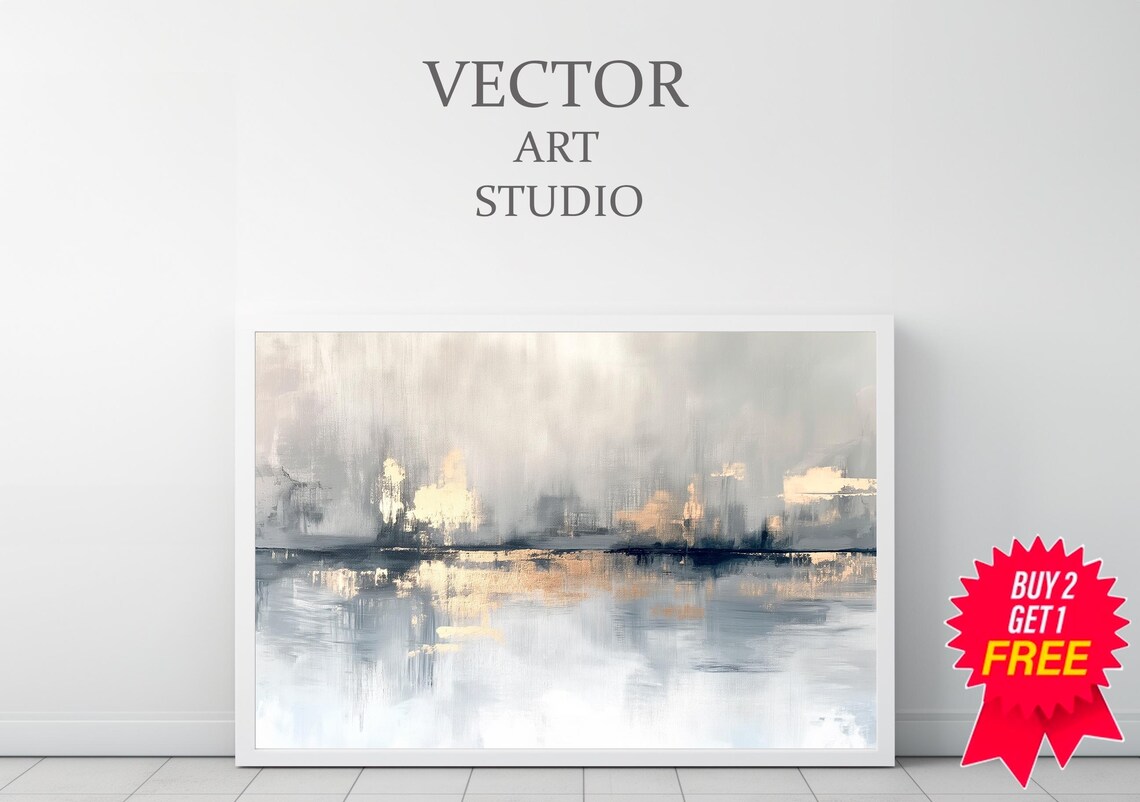 Soft Muted Gray and Gold Abstract Waterscape Modern Art Poster - Image 3