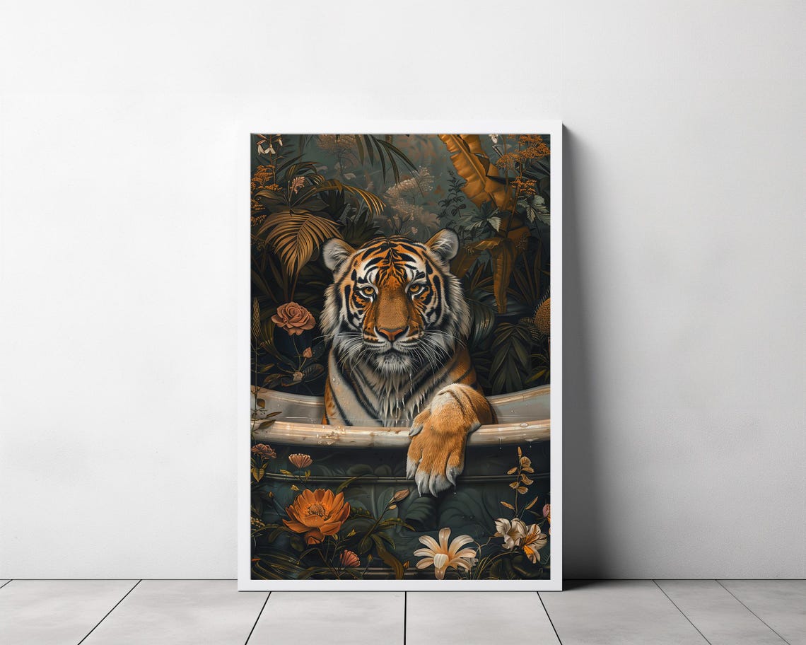 Tiger Resting Over Tub Edge Dark Jungle Botanical Painting Wall Poster - Image 3
