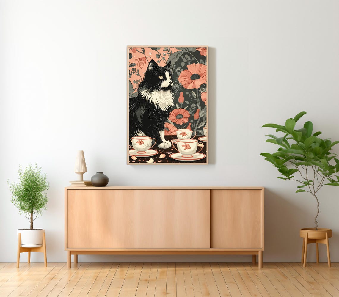 Cute Tuxedo Cat Enjoying Tea Time With Teacups Floral Poster - Image 2