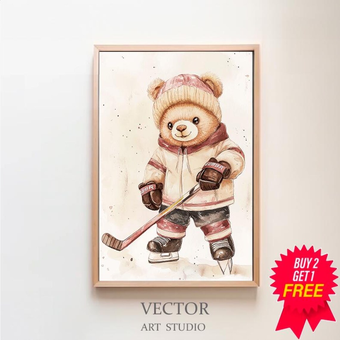 Cute Teddy Bear Hockey Player Watercolor Nursery Sports Poster