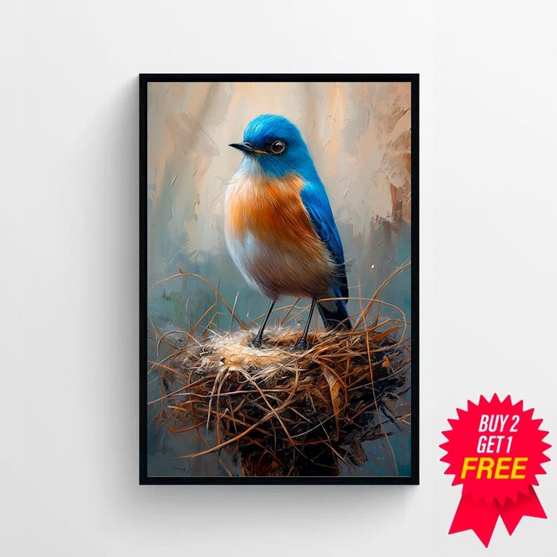 Bluebird Standing on Nest in Cool Blue Tones Vintage Bird Art Poster - Image 4