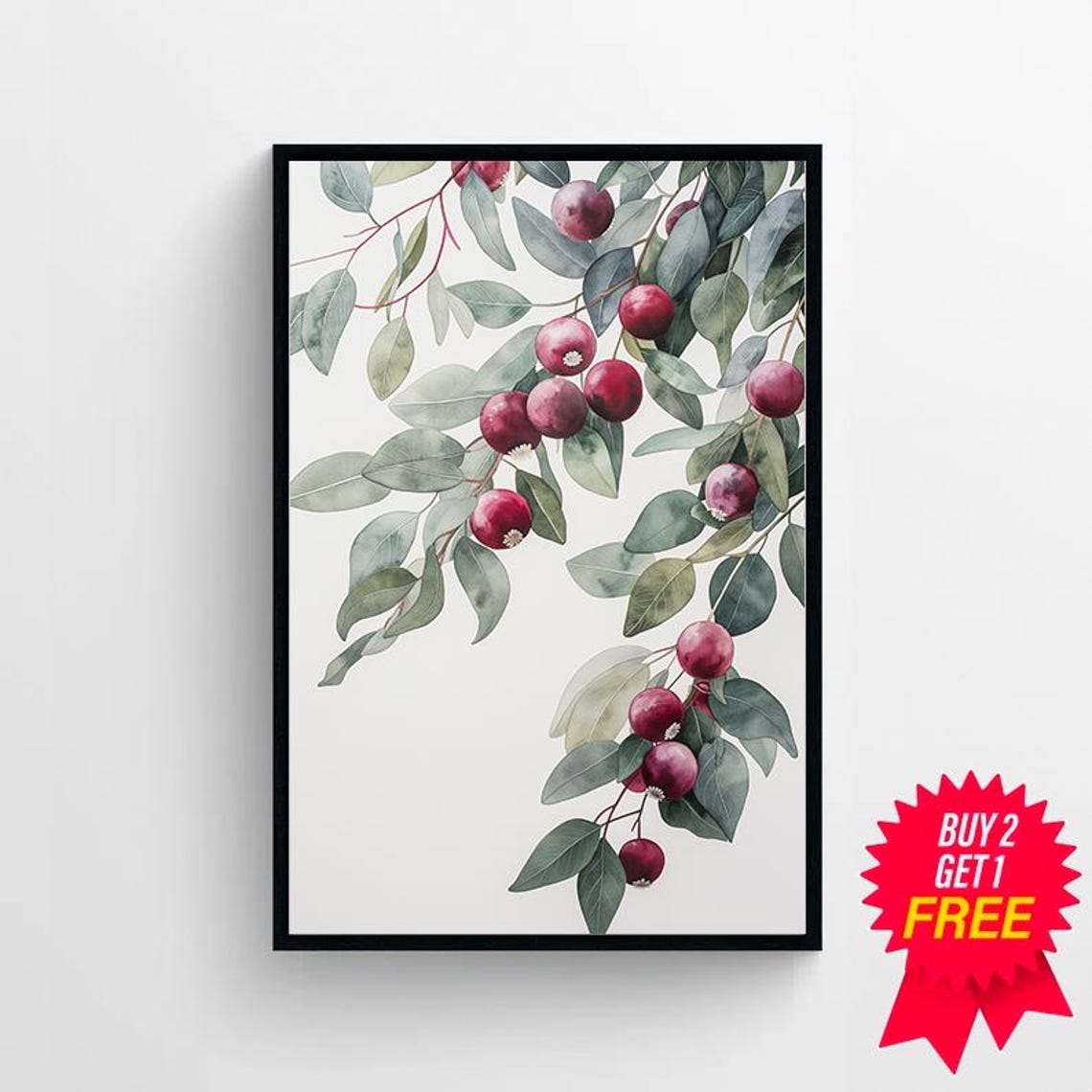 Australian Crimson Berry Eucalyptus Branch Watercolor Botanical Poster - Image 4