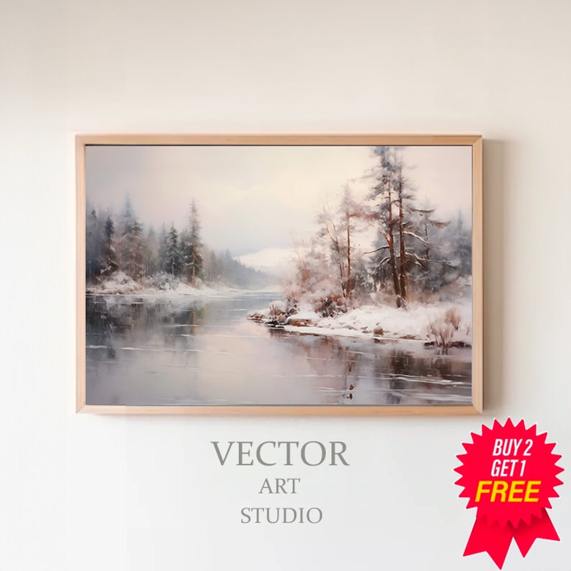 Snowy Winter Forest Lake Landscape in Soft Gray Tones Poster