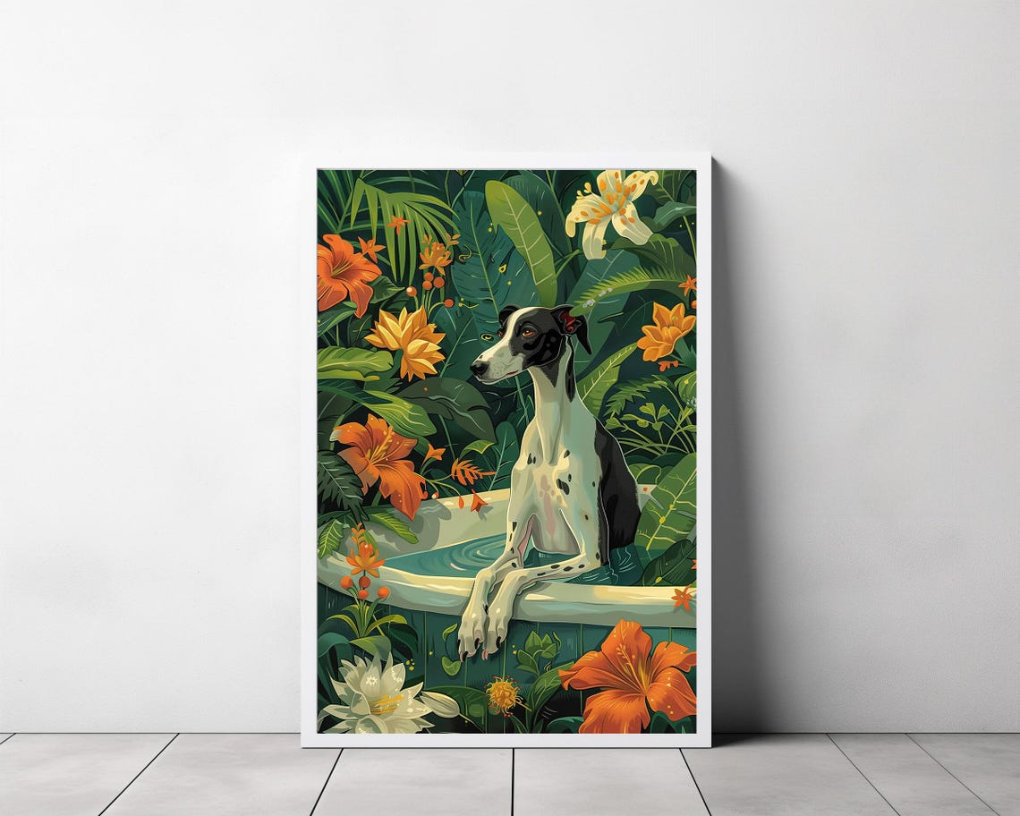 Elegant Greyhound Sitting in Bathtub Jungle Botanical Poster - Image 3