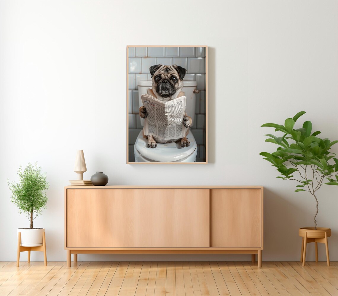 Pug Reading Newspaper on Toilet Funny Full Color Bathroom Art Poster - Image 2