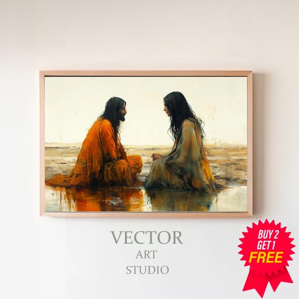 Jesus and Samaritan Woman Kneeling by Water Christian Poster