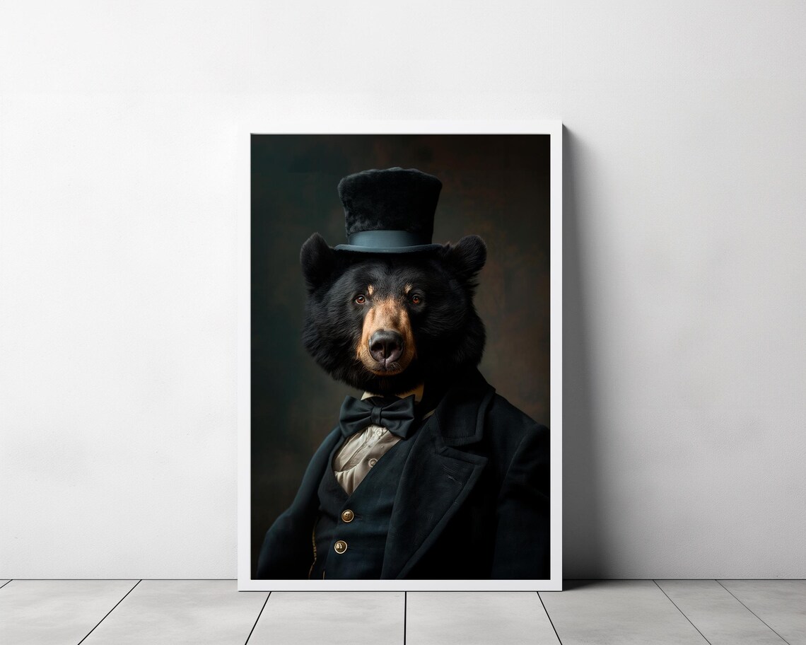 Dapper Black Bear In Top Hat Bow Tie Victorian Portrait Poster - Image 3