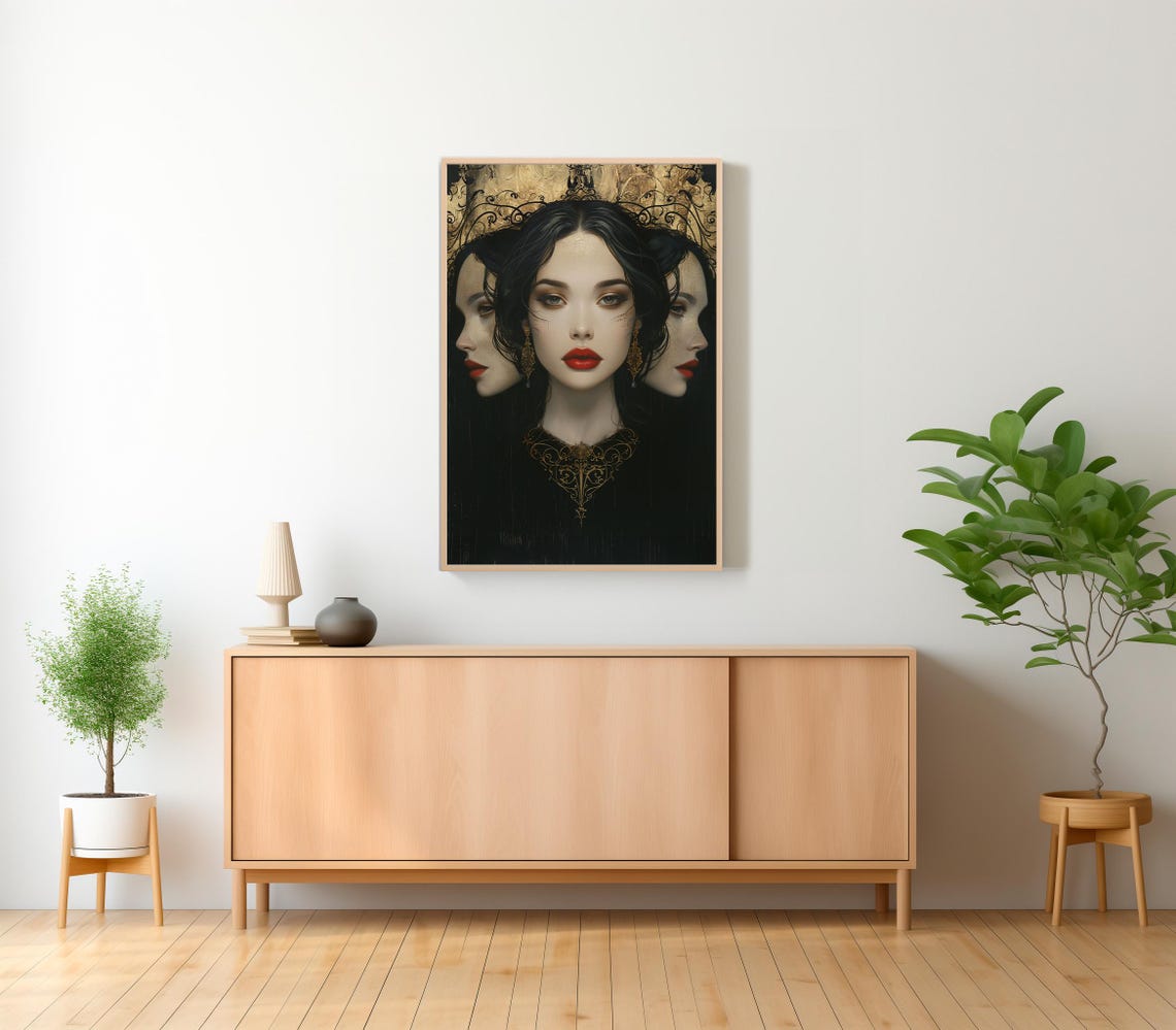 Three Faced Goddess Red Lips Gold Filigree Ornate Gothic Art Poster - Image 2