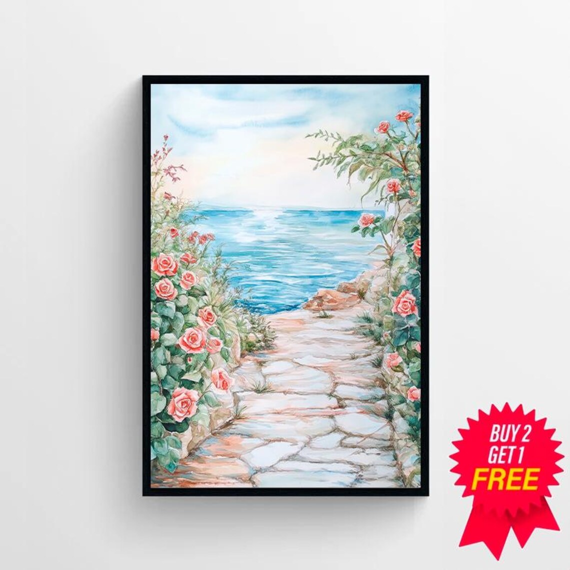 Stone Garden Path With Roses Leading to the Sea Watercolor Poster - Image 4