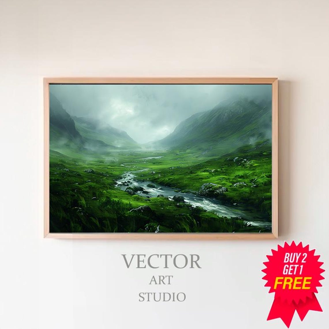 Misty Emerald Green Glen With Winding River Ireland Art Poster