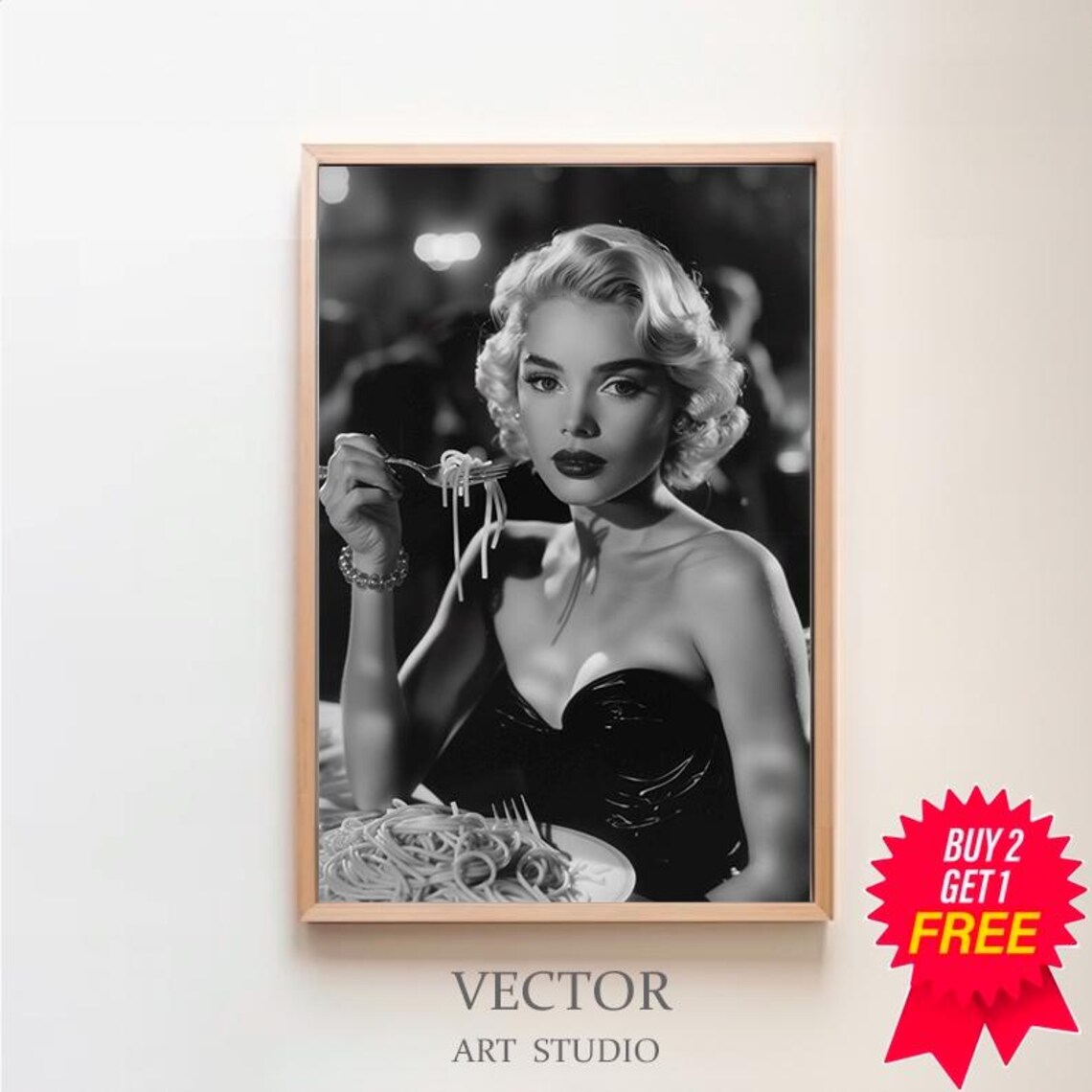 Blonde Woman Eating Spaghetti Vintage Style Black White Kitchen Poster