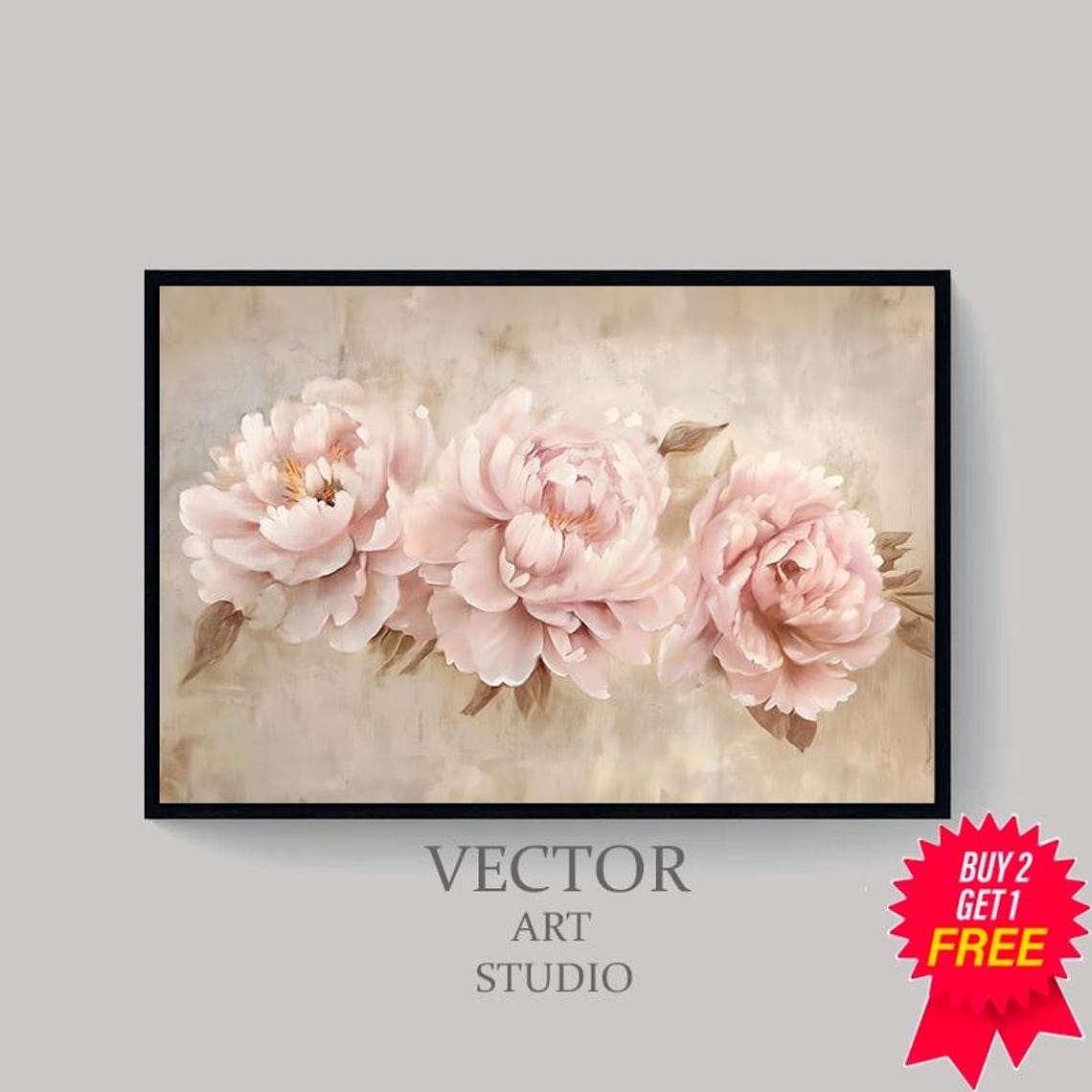 Blush Pink Peonies In Bloom On Warm Beige Vintage Botanical Art Poster - Image 4