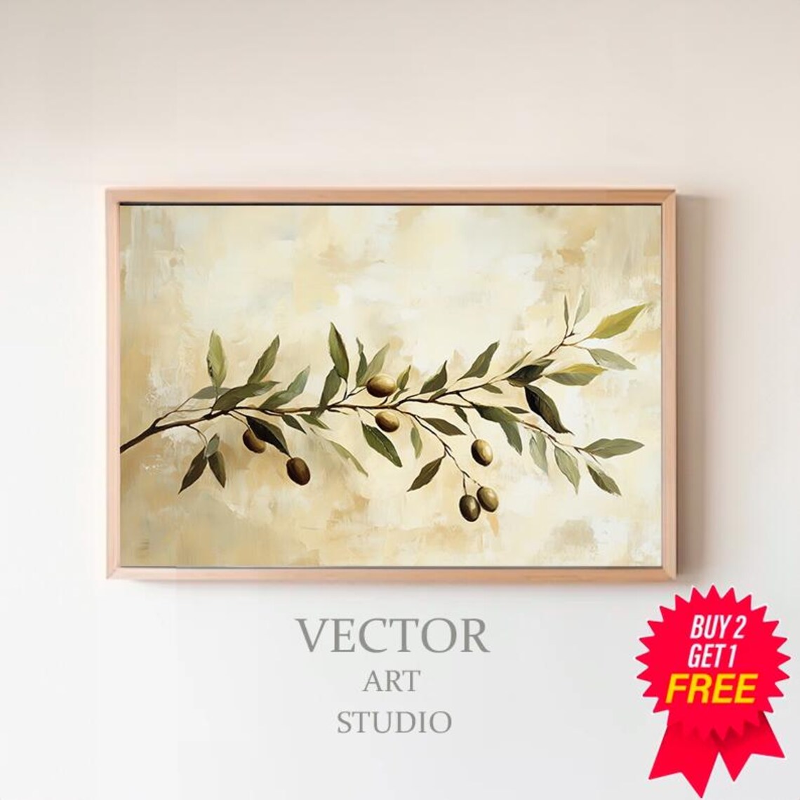 Olive Branch With Dark Olives On Warm Beige Plaster Wall Poster