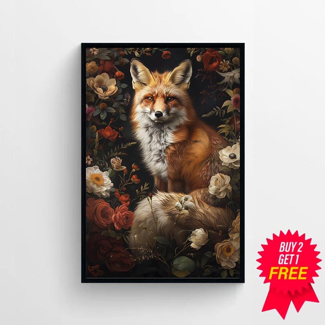 Red Fox Sitting Among Dark Flowers in a Moody Night Forest Poster - Image 4