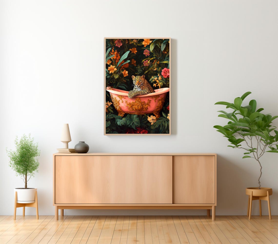 Wall Art Leopard In A Bathtub Maximalist Oil Painting Colorful Trendy Kitsch Bathroom Print Vivid Bold Dopamine Animal Picture - Image 2