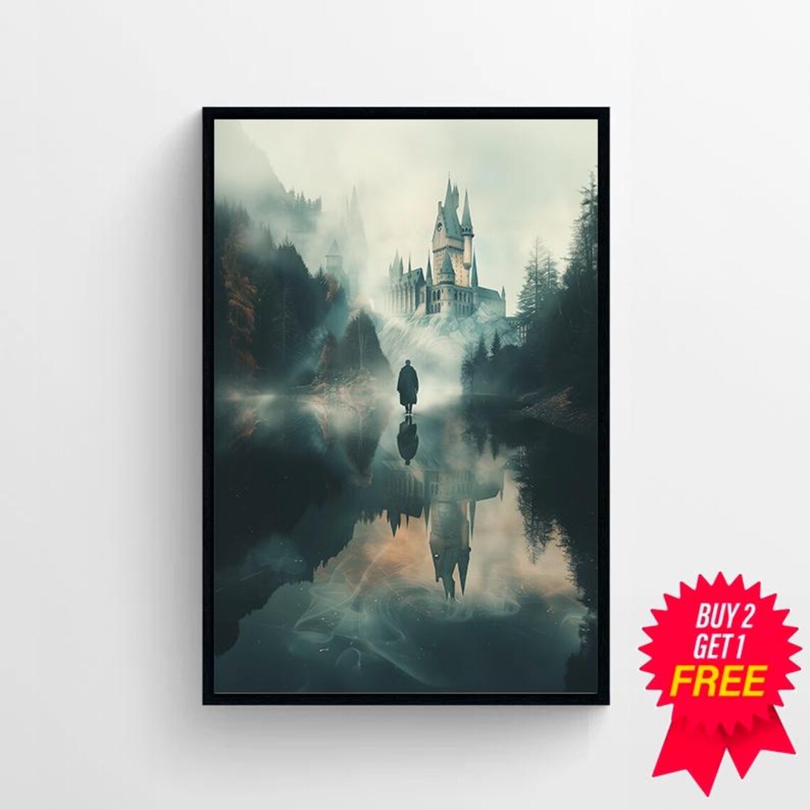 Misty Wizard Castle with Lone Boater on Dark Lake Fantasy Print - Image 4