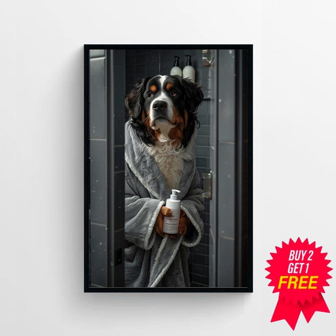Bernese Mountain Dog in Gray Bathrobe Holding Bottle Funny Poster - Image 4