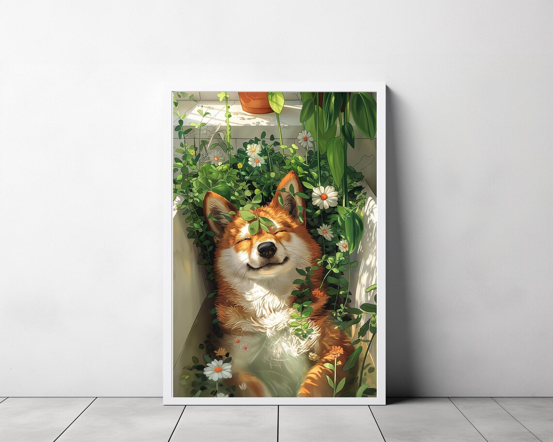 Sunlit Shiba Inu Smiling Blissfully Among Flowers in Bathtub Poster - Image 3