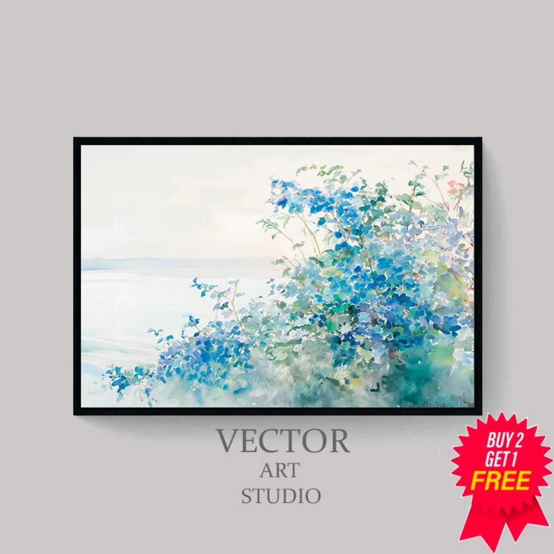 Blue Wildflowers Swaying Beside The Sea Coastal Watercolor Wall Art - Image 4