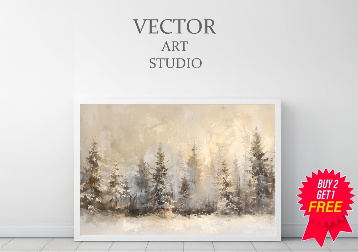 Golden Misty Winter Pine Forest Neutral Beige Landscape Poster - Image 3