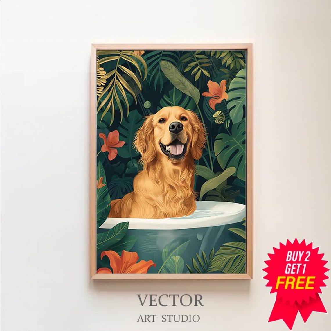 Grinning Golden Retriever Happy Bath Time Jungle Flower Poster